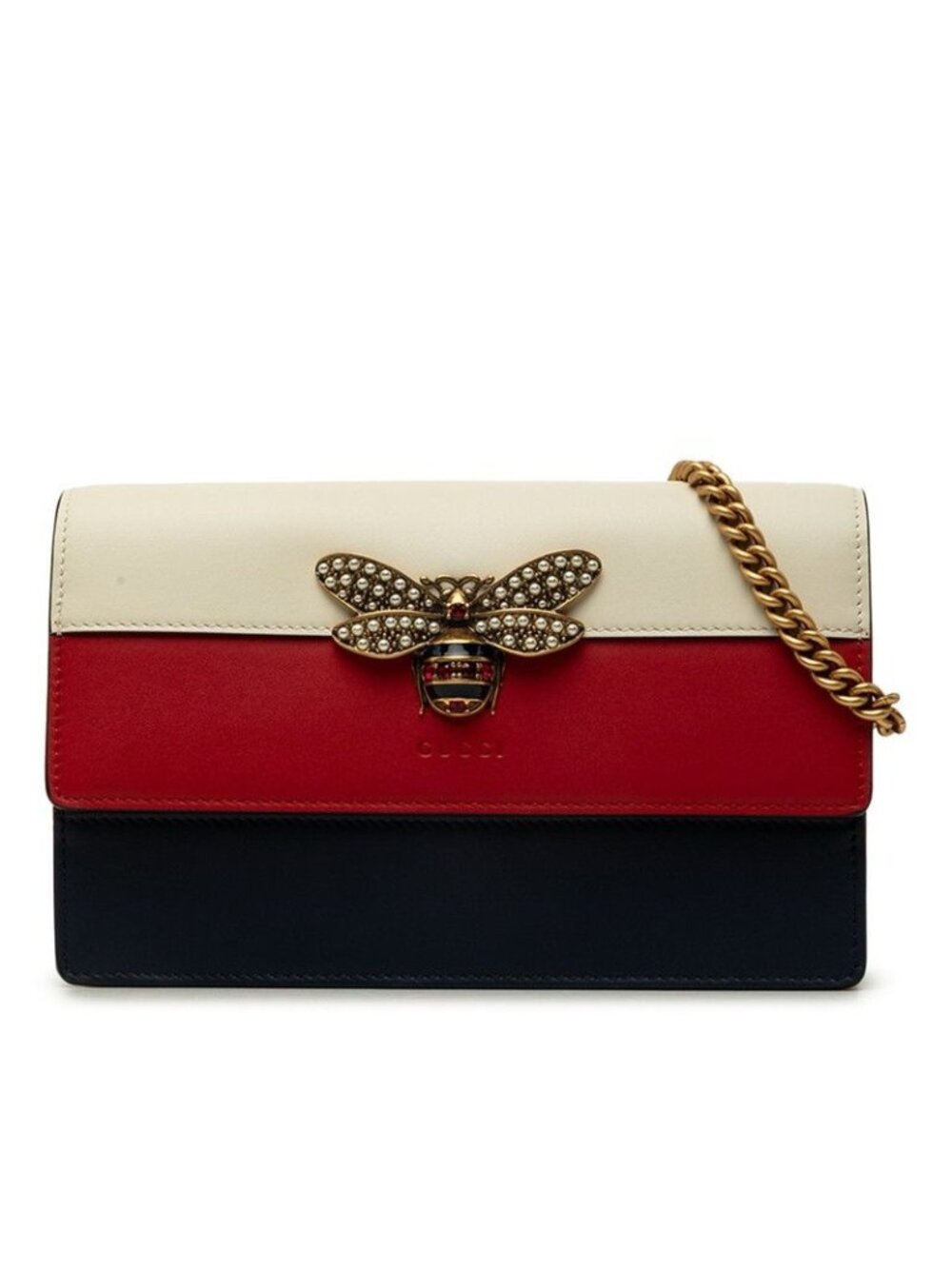 Gucci Queen Margaret Bee Motif Chain Shoulder Bag Wallet White Navy Red Leather